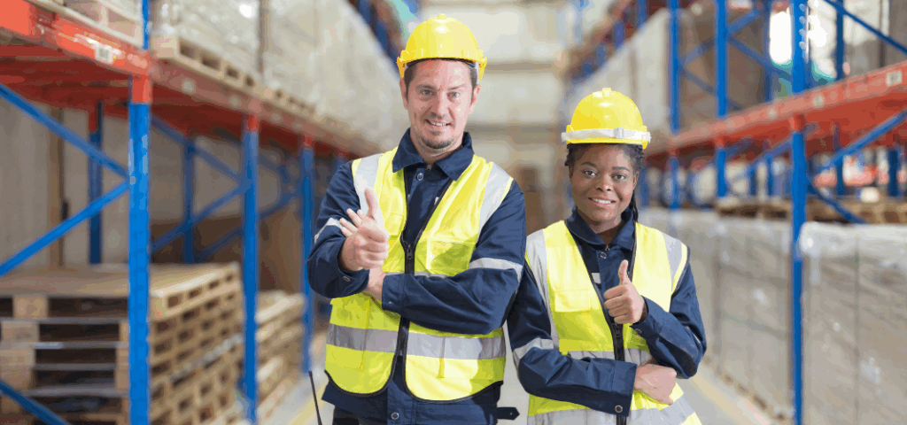 Deux intérimaires souriants portant casque et gilet de sécurité dans un entrepôt, illustrant la réussite de leur rentrée en intérim.