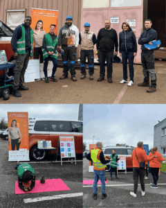 Atelier gestes et postures pour la sécurité au travail avec le combi FASTT : démonstrations, sensibilisation et échanges avec les intérimaires sur la prévention des risques professionnels.