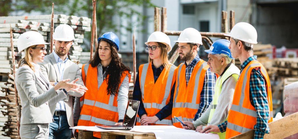 Des intérimaires équipés de casques et gilets de sécurité échangent avec une responsable sur un chantier, illustrant les avantages de l’intérim et les opportunités professionnelles.