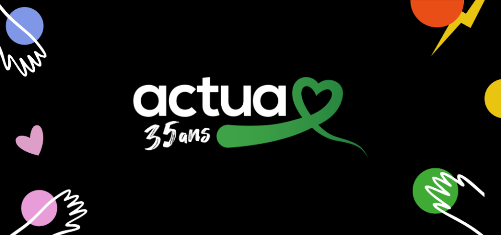 Logo Groupe Actua 35 ans avec cœur vert sur fond noir, ambiance festive et colorée