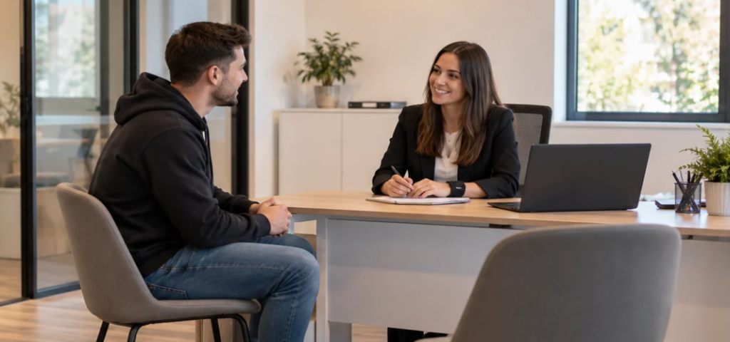 Deux personnes échangent autour d’un bureau dans une agence de recrutement. Un candidat, assis face à une recruteuse, discute avec elle dans une ambiance professionnelle et conviviale.